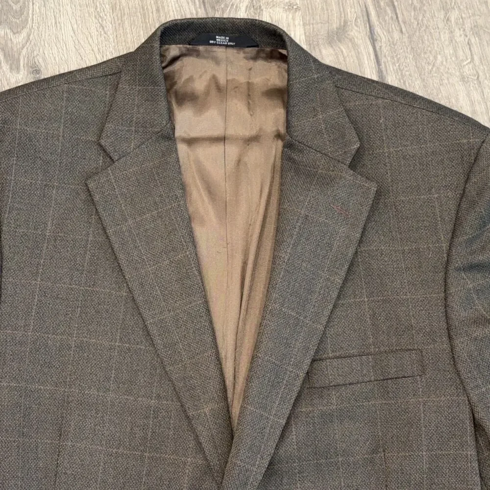 Haggar Mens Sport Coat Blazer 2 Button Brown Plaid Windowpane Jacket Size 46L
